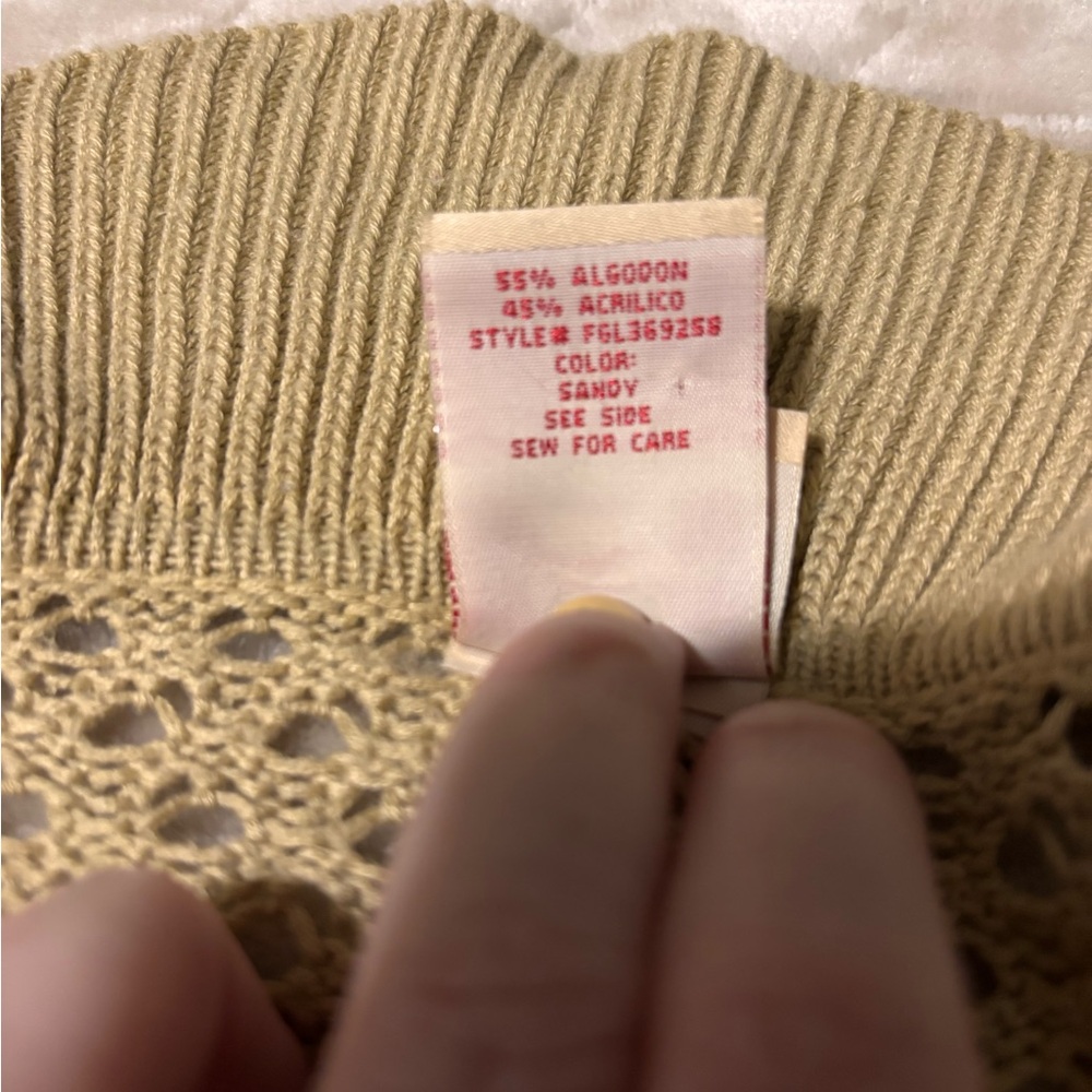 Vtg Pointelle Knit Cardigan XL Tan Ruffle Bell Sleeve Coquette Coastal Boho Doll - Picture 14 of 16